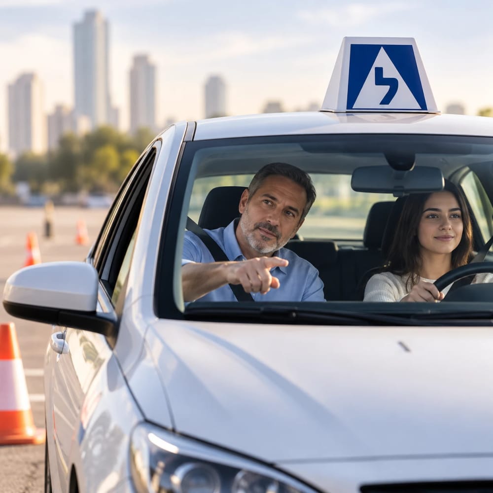 מורה נהיגה מדריך תלמידה ברכב לימוד על מגרש תרגול
